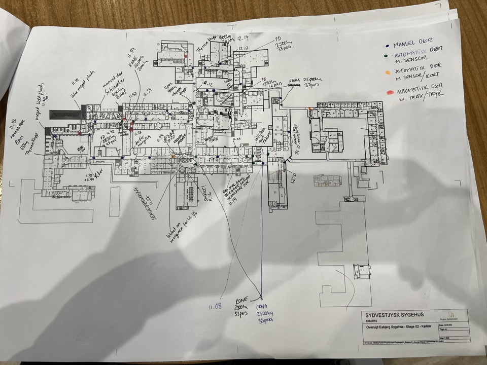 Tegning over arealer på sygehus i forbindelse med gulvvask